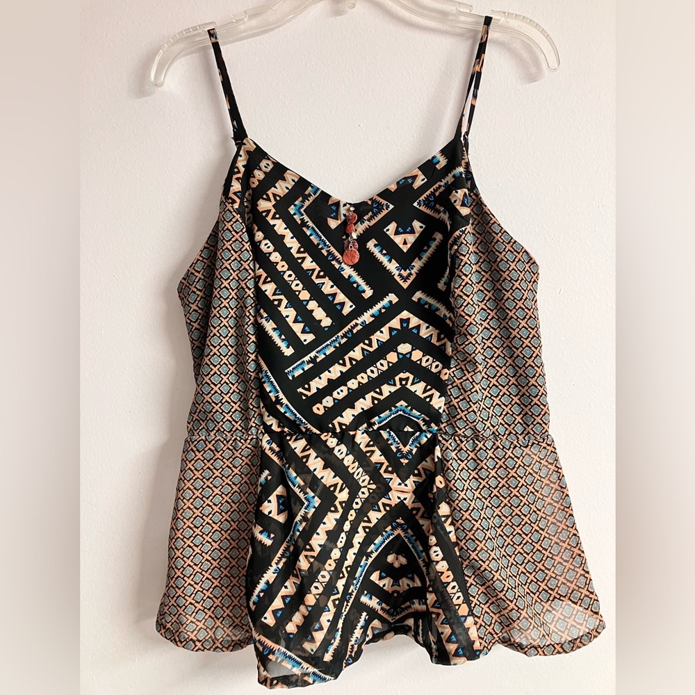 Women’s Camisole Top, Medium, Black/Peach/Blue, Geometric Print, Smocked Back